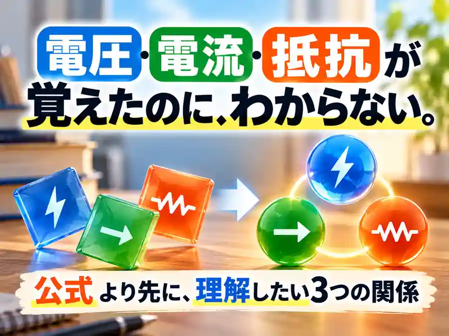 電圧・電流・抵抗を別々に覚えた状態から、3つの関係を理解するイメージを示したアイキャッチ画像