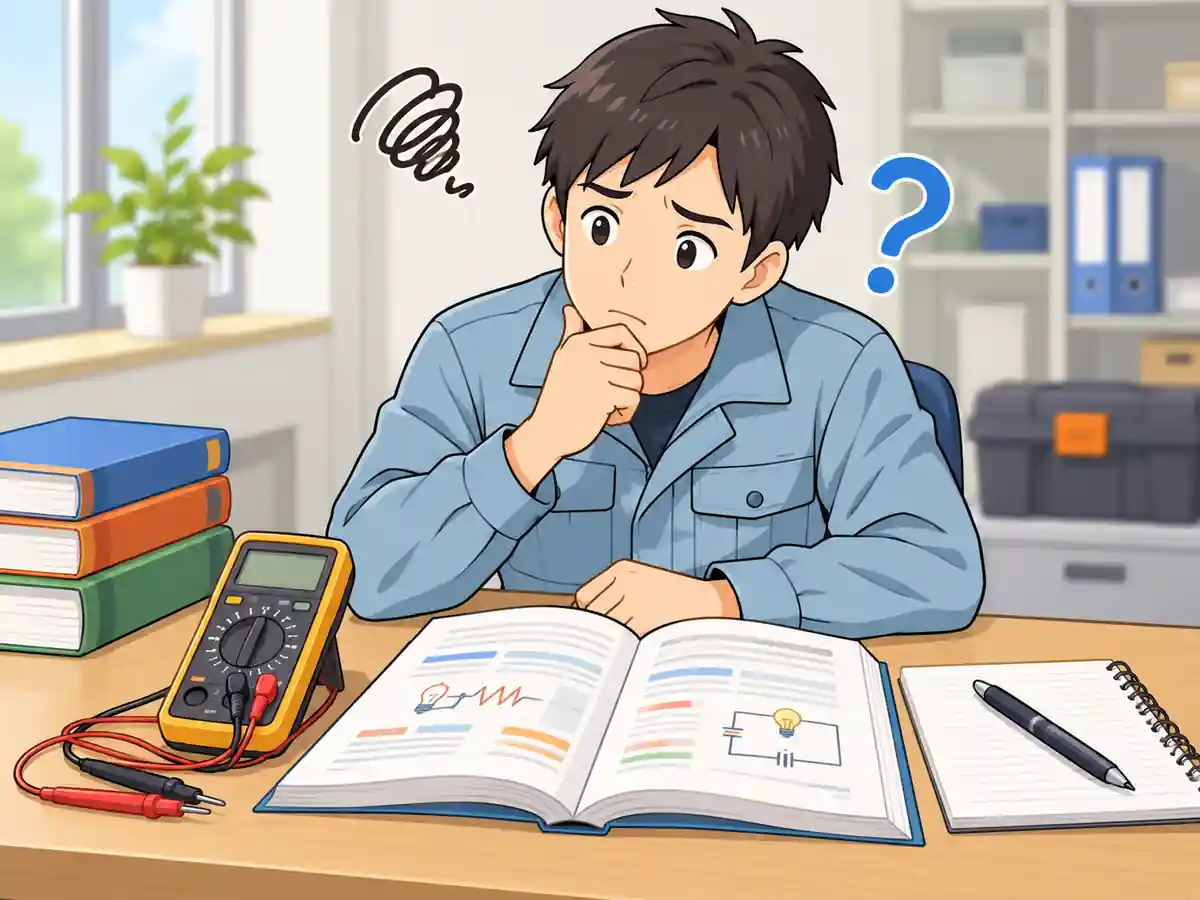 電圧・電流・抵抗の違いを理解しようと参考書を見ながら考える初心者作業員