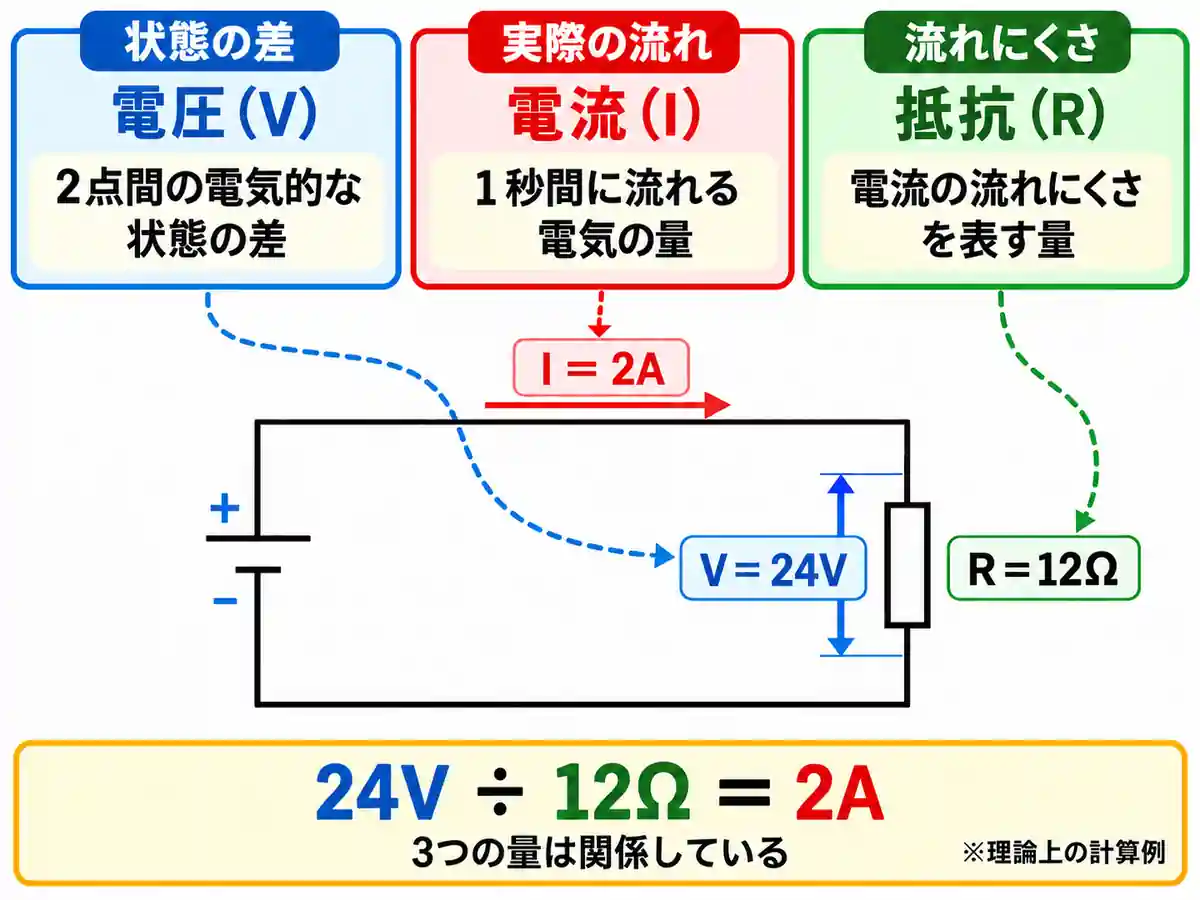 24Vの直流電源と12Ωの抵抗器を接続した閉回路で、抵抗器の両端電圧24Vと回路を流れる電流2Aを示す図