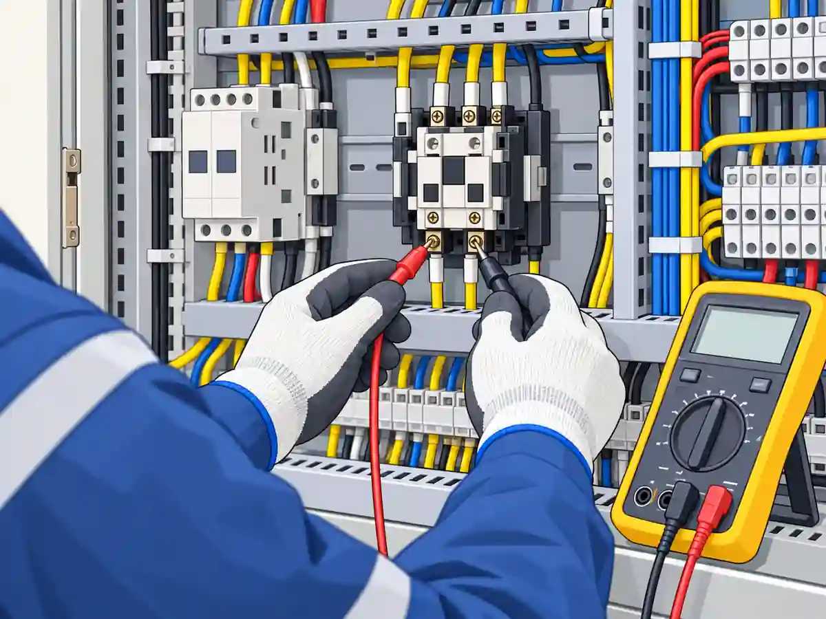 エレベーター制御盤で電磁接触器の端子をデジタルテスターで測定しているイメージ
