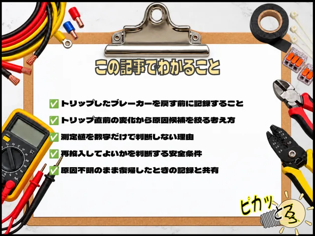 ブレーカートリップ時の記録・原因の切り分け・測定値の判断・再投入条件・復帰後の共有をまとめた図