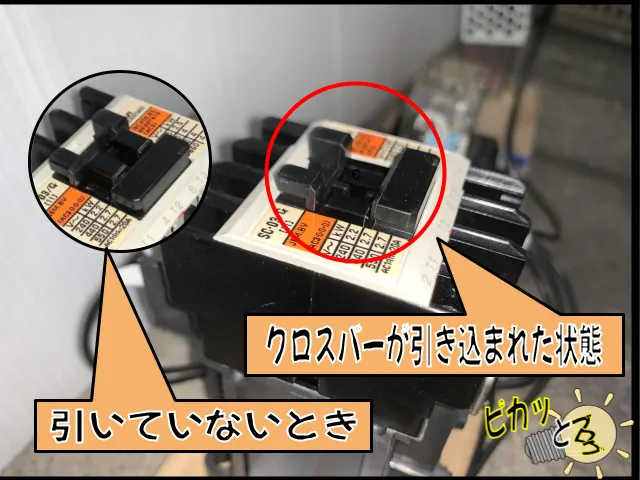 クロスバーが引き込まれた電磁接触器と引き込まれていない状態の比較