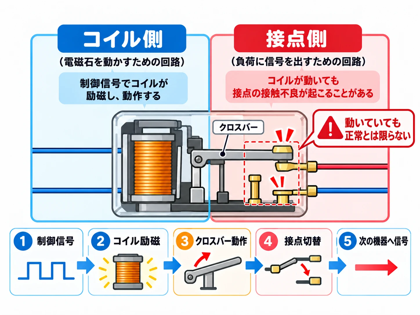 リレーのコイル側と接点側の違いを示した図