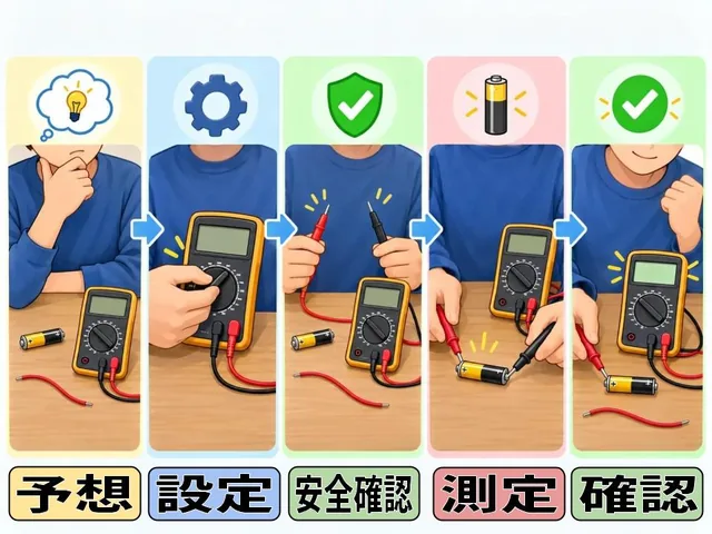 テスター初心者が測定前に予想し、設定と安全確認を行ってから測定し、最後に結果を確認する流れを示した図