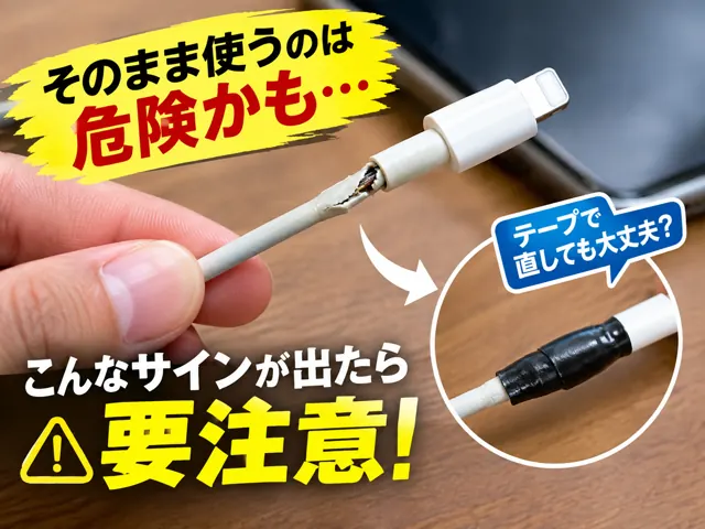 被覆が破れた充電ケーブルとテープで補修したケーブルに注意を促す画像