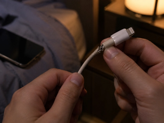 就寝前にスマホの充電ケーブルの角度を調整している手元