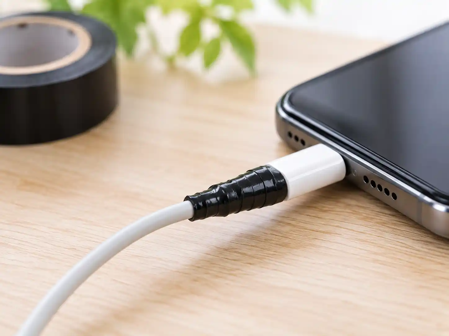 ビニールテープで固定された充電ケーブルの根元（イメージ）
