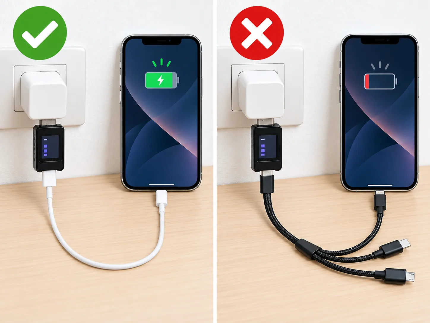 USBチェッカーを使って正常ケーブルと3in1ケーブルを比較している図