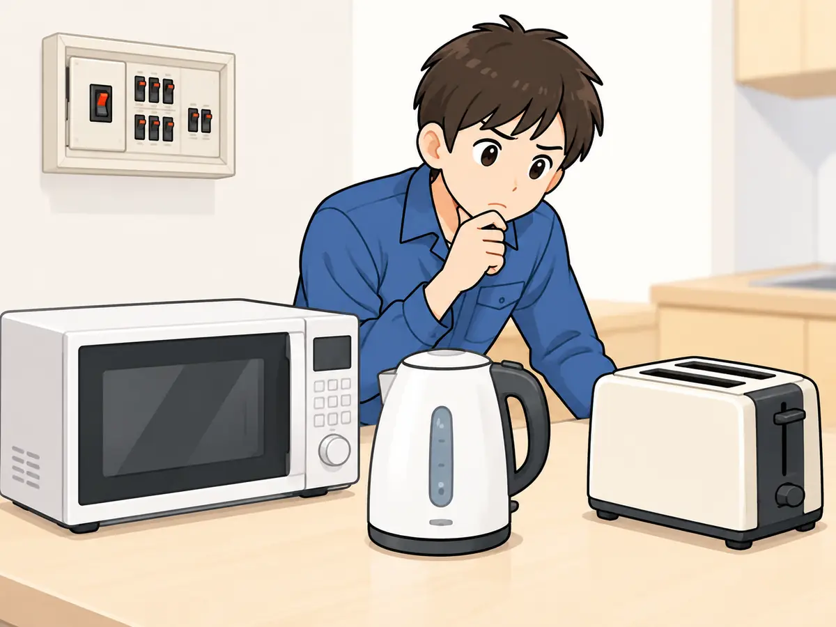 ブレーカーを戻す前に電子レンジ・電気ケトル・トースターの状態を確認する人物のイラスト