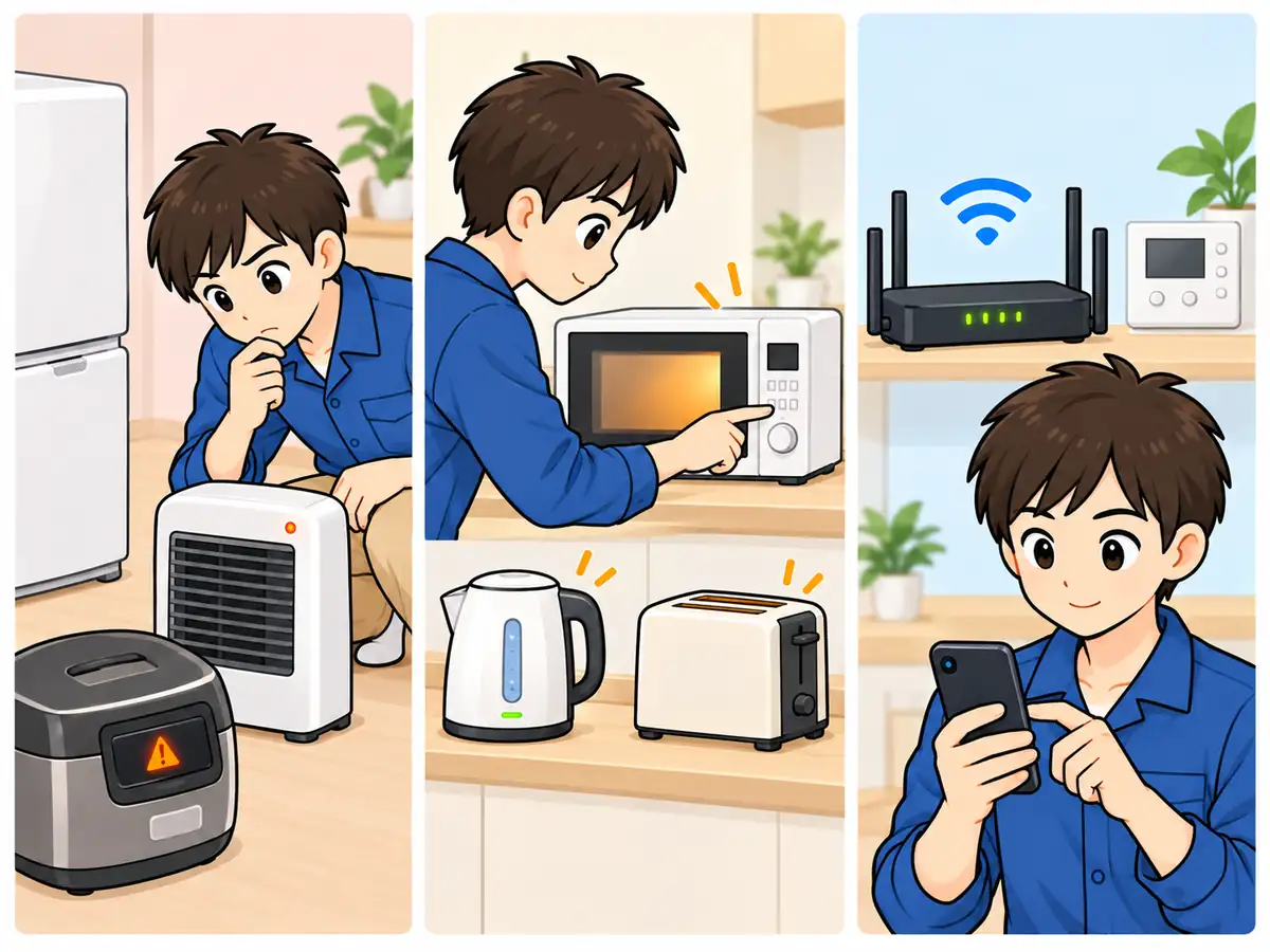 ブレーカー復旧後に家電の異常・動作・通信状態を確認するイラスト